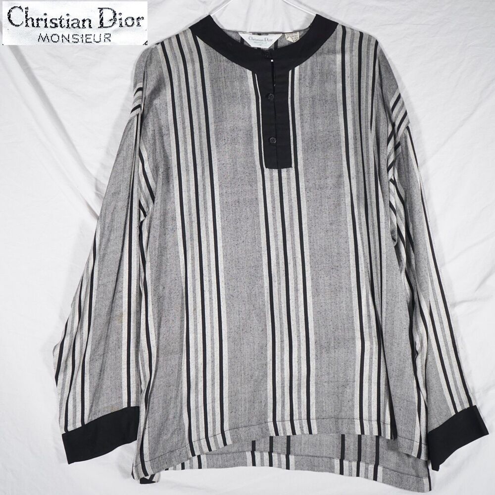 Christian Dior Monsieur Popover Tunic Button Up Shirt Striped Grey Medium RARE